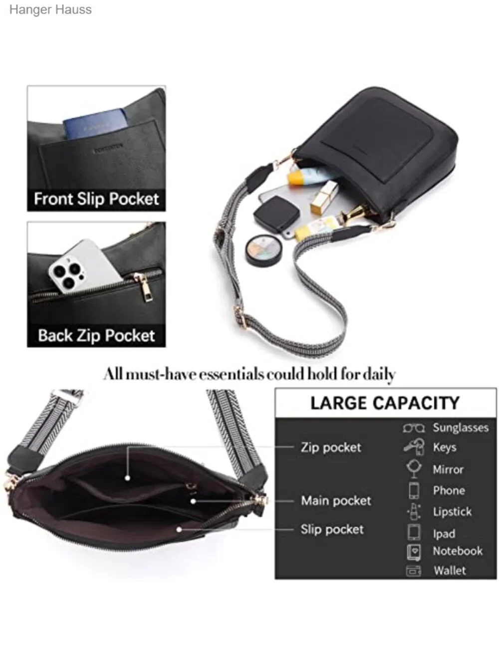 Women's Faux Leather Crossbody Bag with Adjustable Guitar Strap
